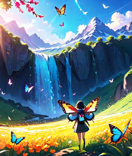 girl in a field with butterflies looking at a waterfall